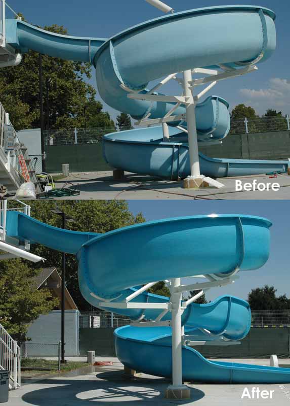 Photo courtesy WhiteWater West Before and after photos of a resurfaced waterpark slide.