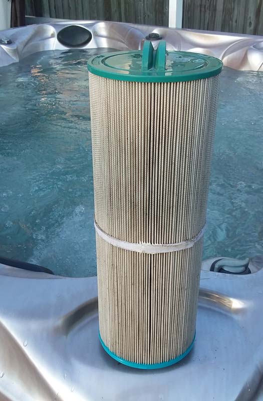 Photo courtesy Silk Balance for Spas The hot tub filter should be removed and cleaned regularly.