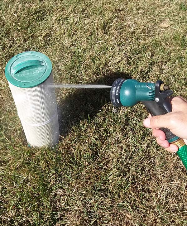 Photo courtesy Silk Balance for Spas A high-pressure, fresh-water stream should be used to rinse the filter.