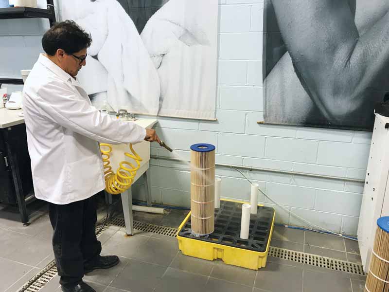 Photo courtesy Pleatco Under normal conditions, cleaning a cartridge filter using a simple garden hose is sufficient to remove a large portion of the filter cake.