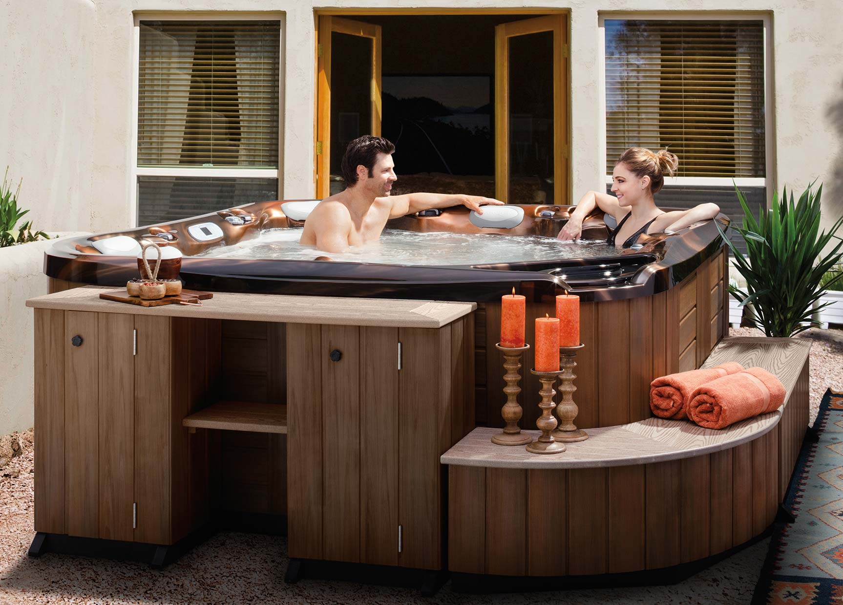 Having seating areas and places to put towels and other personal items is important.