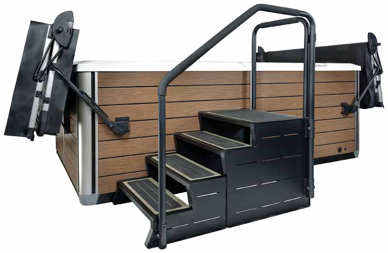 Photo courtesy Leisure Concepts Hot tub steps with integral lighting make getting to and from the hot tub, as well as in and out of the water, safe and easy.