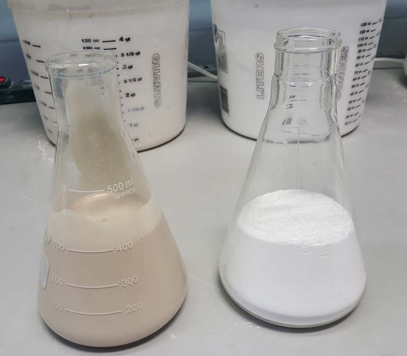 Photo courtesy Pleatco LLC On the left is a concoction of dirt and oils filter manufacturers use to test cartridge filter media versus the silica-based test used by the standards organization.
