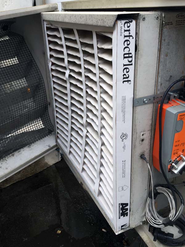Photo courtesy Dehumidified Air Services (DASV) This picture shows a collapsed clean filter, which could indicate water entrainment or outside airflow exceeding the limit of design.