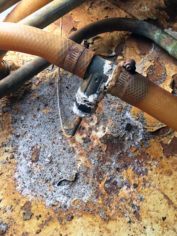 Photo courtesy Dehumidified Air Services (DASV) This temperature sensor was leaking pool water into the cabinet. Since this unit was not routinely inspected, overtime the pooling water prematurely damaged the casing interior.