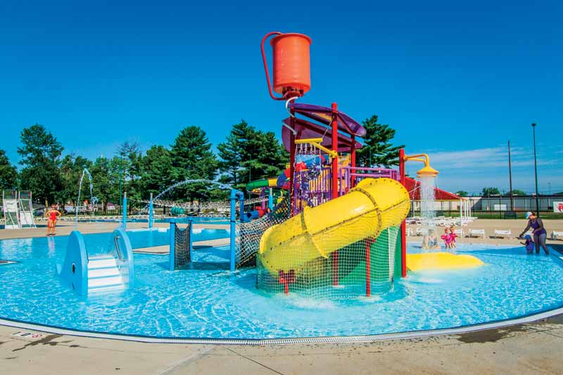 Photos courtesy RenoSys Corporation The splash pad is equipped with water-dumping amenities and spray features, which included a water tower, splash umbrella, and misting water wickets.