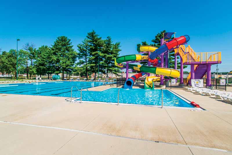 The main pool features two large flume slides, as well as a section for doing laps.