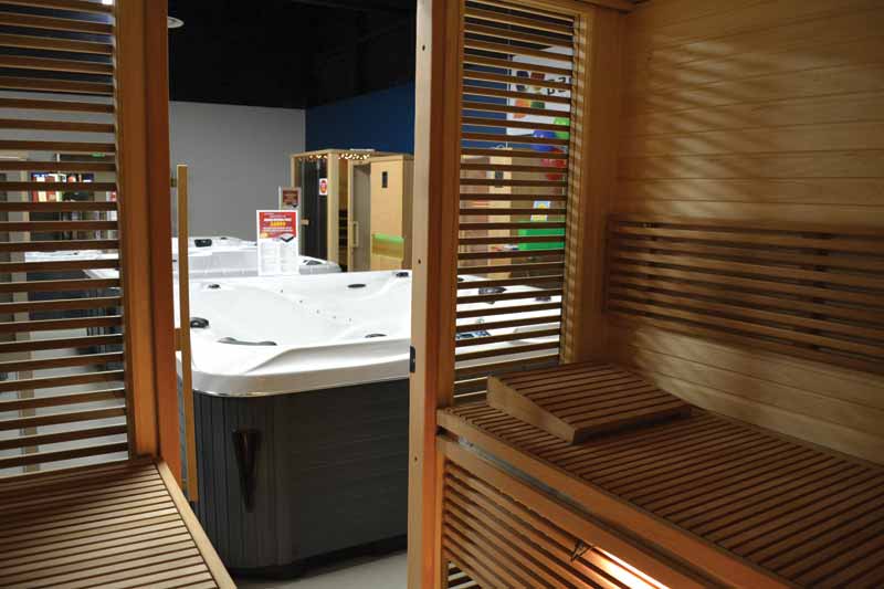 Photo courtesy Almost Heaven Saunas View from inside a sauna in a retail showroom.