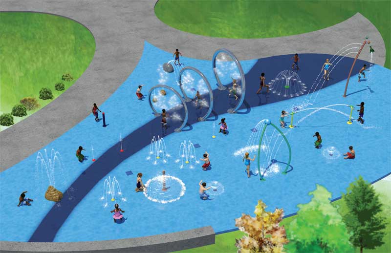 Illustration courtesy Fountain People/Water Odyssey The new splash pad in Edmonton’s River Valley area includes water and spray features, usable by all age groups, which are designed to foster inclusive play.