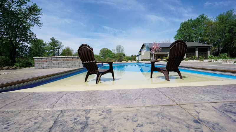 Photos courtesy Hendrick Pool and Lawn Service Fibreglass surfaces do not get damaged by any type of backyard furniture a customer might pull into the pool. One can even put an umbrella into the beach-entry area, right into the fibreglass floor, and enjoy the sun.