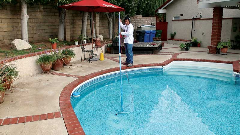 Photos courtesy LeakTronics When a floor probe is in the pool, the angle of the probe directs the sensitivity toward the floor and reduces the effect of grounds showing from lights and ladders giving the impression of a leak.