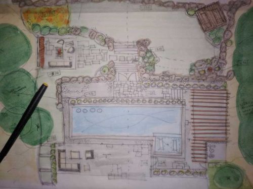 Illustrations and renderings courtesy Waterworks Pools & Spas A lot of time was spent sketching various layouts, trying to determine the best location for each activity. A design which comprised a series of outdoor rooms that would suit the family’s favourite outdoor activities was prioritized.