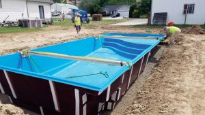 Photo courtesy Breggern Water Services Some builders are looking at fibreglass models as a way to maximize the number of pools they can install this season.