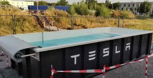 Photo courtesy Tesla Welt Podcast Tesla's super pool at Fastned’s charging station in Hilden, Germany.