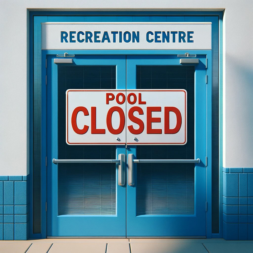 Blue doors of leisure center with 'pool closed' sign.