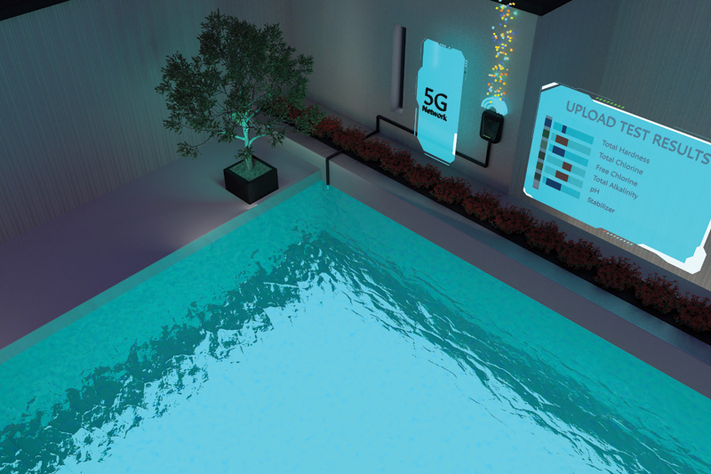 A modern pool area with a 5G network sign and an upload test results display, featuring a vibrant blue pool and decorative plants.
