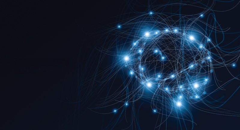 Abstract illustration of a glowing neural network, with interconnected lines and bright nodes on a dark background.