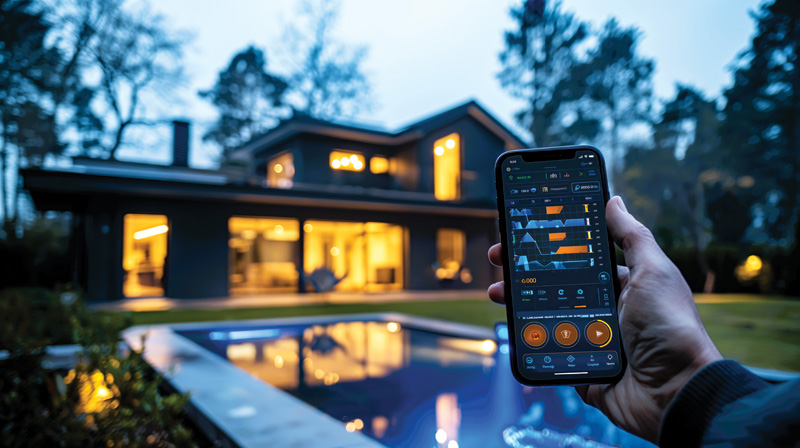 A hand holds a smartphone displaying a smart home app, with a modern house and pool illuminated in the evening background.