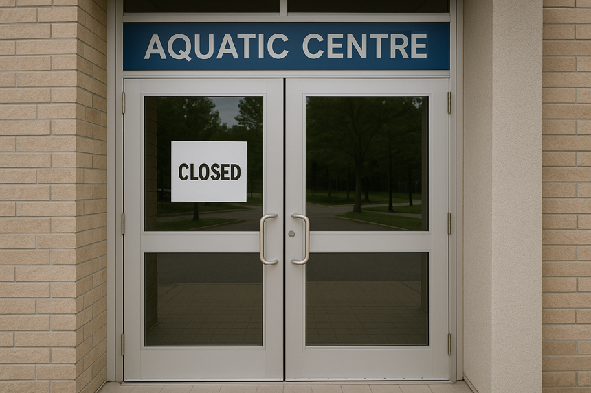 Aquatic centre doors with a sign that says "closed"