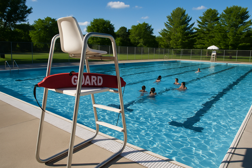 community swimming pool with a lifeguard chair onlooking swimmers