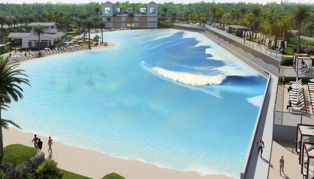A vibrant surf lagoon with palm trees, lounge chairs, and people enjoying the beach ambiance, showcasing an artificial wave.