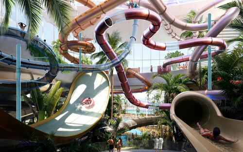 A vibrant indoor water park featuring colorful water slides, lush palm trees, and visitors enjoying the attractions.