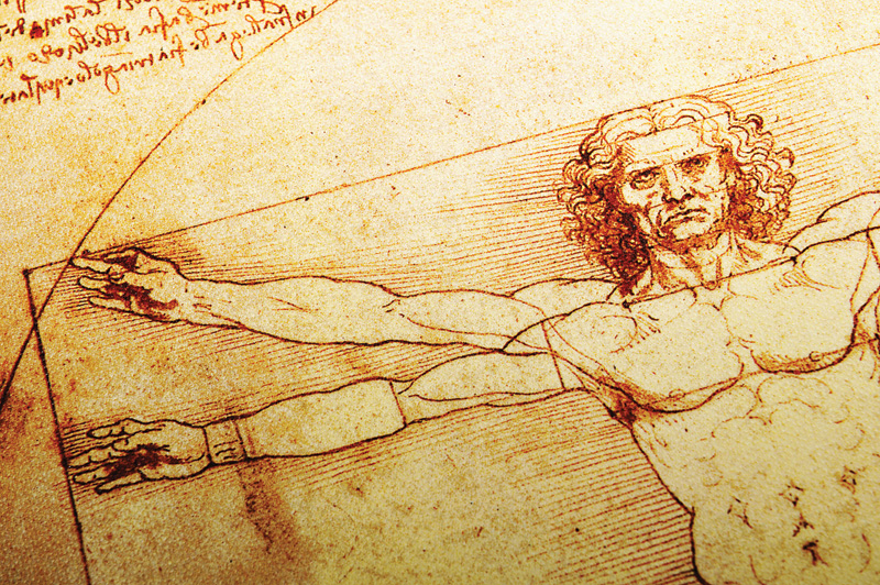 Leonardo da Vinci's famous Vitruvian Man sketch, illustrating ideal human proportions and symmetry, with annotations in the background.