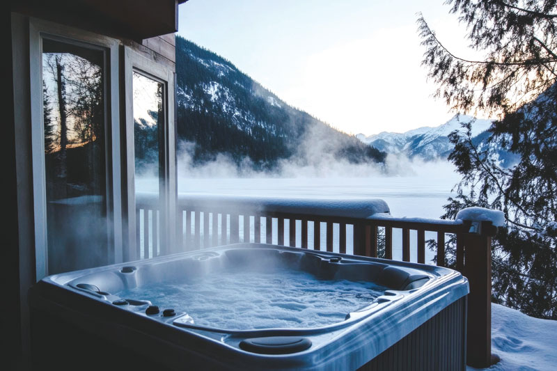 A steaming hot tub on a snowy balcony overlooking a serene frozen lake and mountains at dawn.