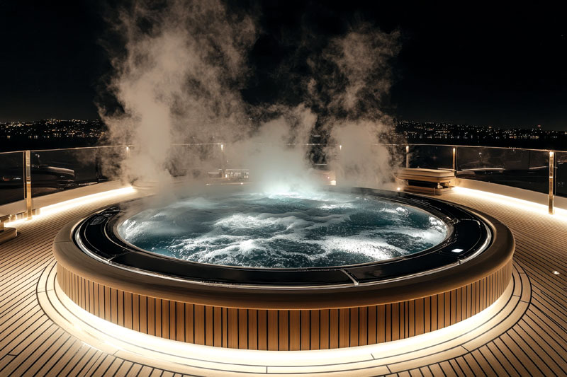 A steaming hot tub on a yacht deck, illuminated at night with city lights in the background, exuding a relaxing ambiance.