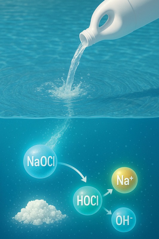 hydrolysis of water produces free chlorine from a chlorine compound.
