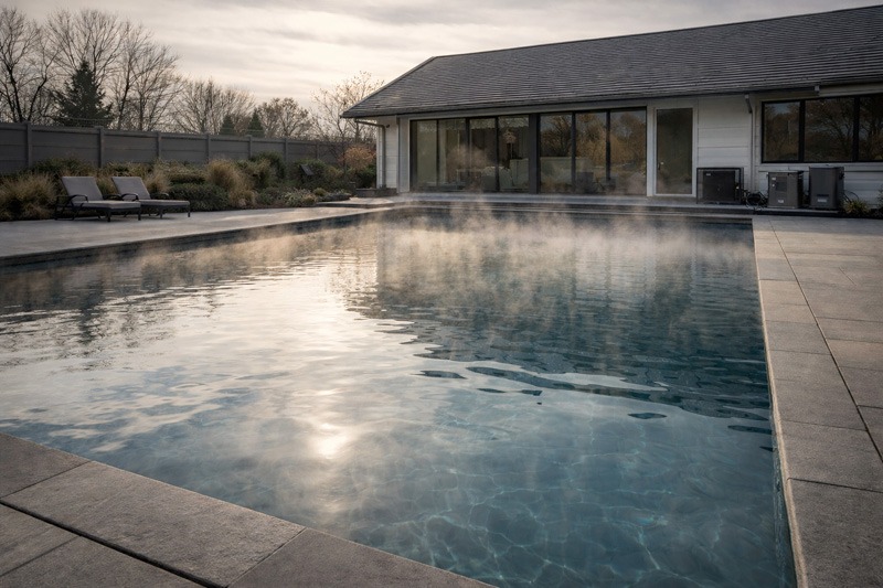 Outdoor heated pool with steam rising, surrounded by lounge chairs, beside a modern house with large glass windows under a cloudy sky.