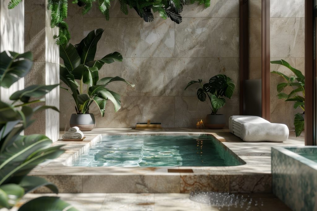 Luxurious indoor spa with a sunlit stone jacuzzi, surrounded by lush green plants.