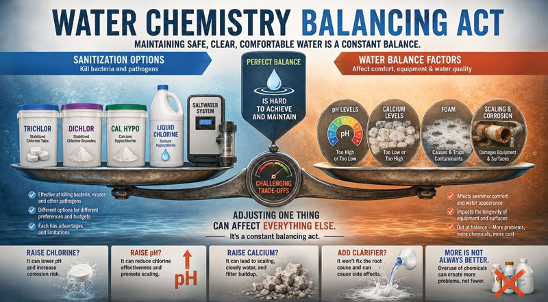 Infographic titled "Water Chemistry Balancing Act" shows a scale balancing sanitization options and water balance factors, illustrating challenges in achieving perfect water quality.