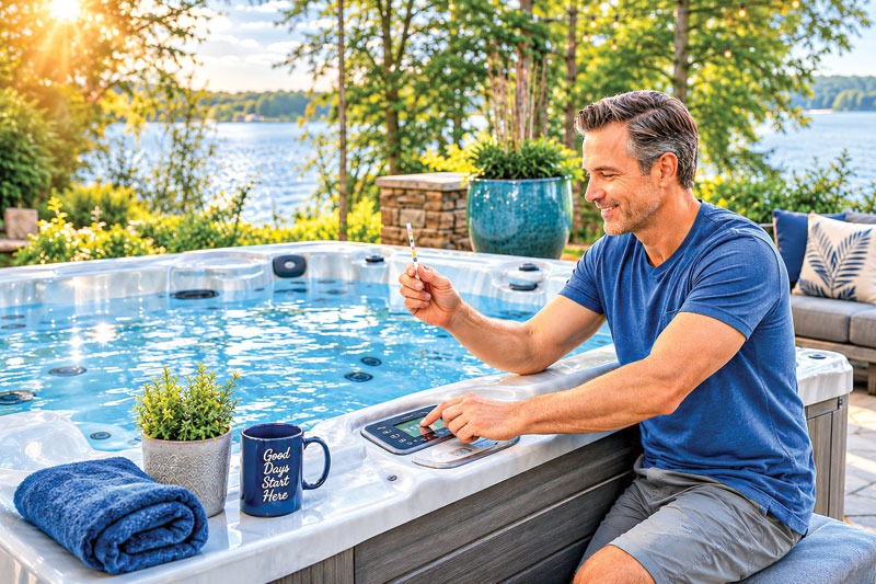 A man sits by a hot tub, checking water quality with a strip. He's relaxed, surrounded by greenery, with lake views. A towel and mug are nearby.