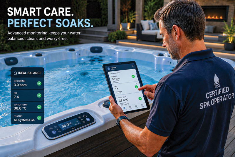 Man using a tablet to monitor hot tub settings, including chlorine and temperature. Wearing "Certified Spa Operator" shirt. Modern and relaxing setting.