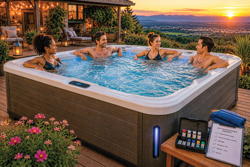 Four people relax in a bubbling hot tub on a wooden deck at sunset, with scenic views and a cozy lit patio behind, evoking warmth and camaraderie.