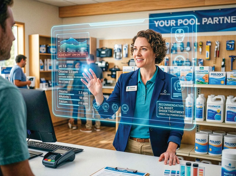 A woman in a pool supply store uses a transparent digital screen displaying chemical levels and recommendations, engaging with a customer. The atmosphere is friendly and modern.