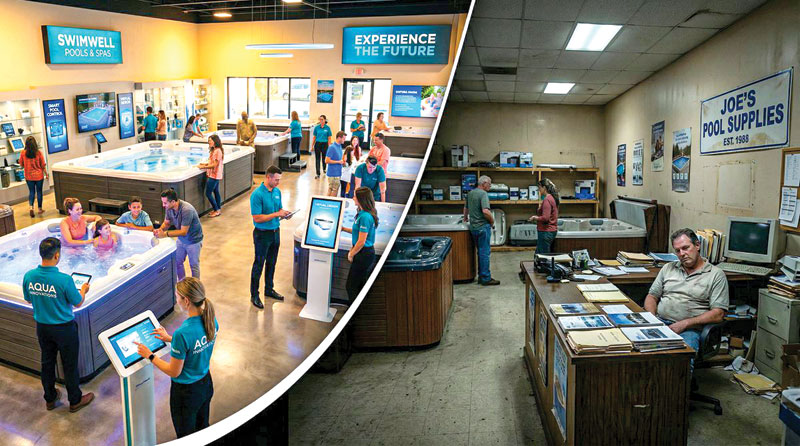 Modern showroom with bright lighting and tech displays on the left, and a dim, cluttered pool supply store with worn furnishings on the right.
