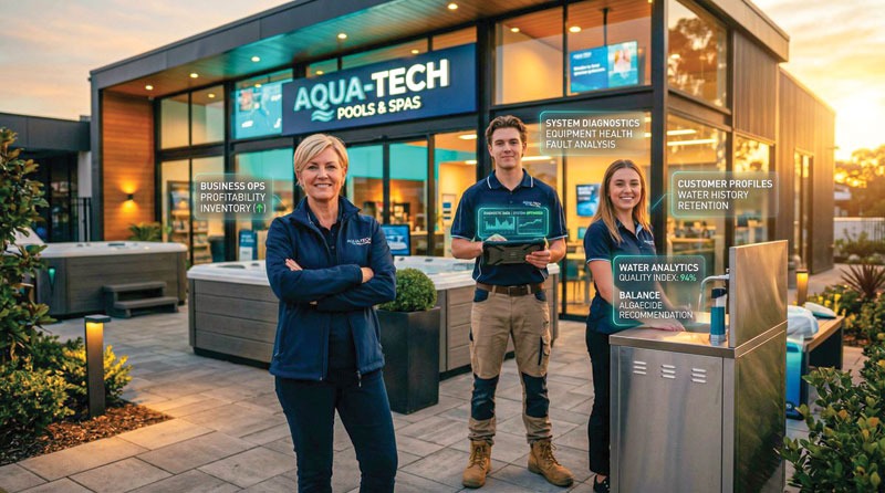 Three people stand in front of a modern pool and spa store named “Aqua-Tech.” They display digital tablets showing data analytics, suggesting technological integration in water management. The atmosphere is professional and forward-thinking.