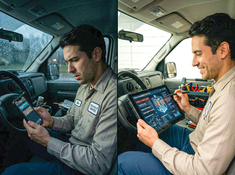 Split image of a technician in a work van: left side shows him frustrated with a smartphone, right side shows him smiling with a tablet displaying tech diagrams.