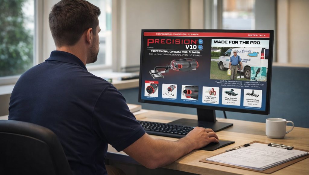 A man in a blue shirt sits at a desk, viewing a large computer monitor displaying an ad for 