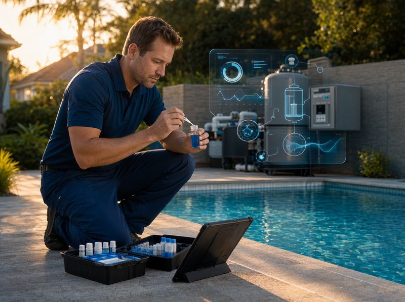 Man testing pool water beside an open water-testing kit, with pool equipment and a blue data-visualization overlay in the background.