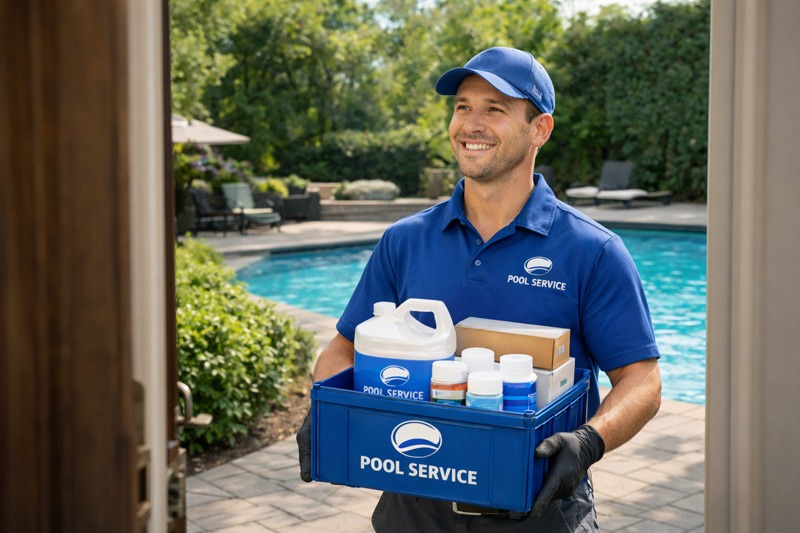 Smiling pool service worker holding a crate of pool-maintenance supplies beside a backyard swimming pool.