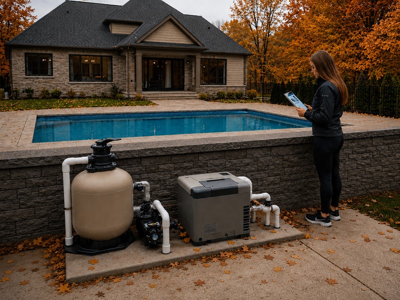 Woman inspecting pool equipment while holding a booklet beside a backyard swimming pool in autumn.