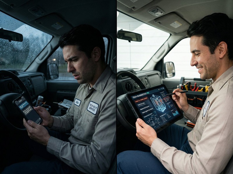 Two-panel image of a vehicle technician using handheld diagnostic equipment in a vehicle, first in a rainy, dim interior and then in a brighter interior while smiling.