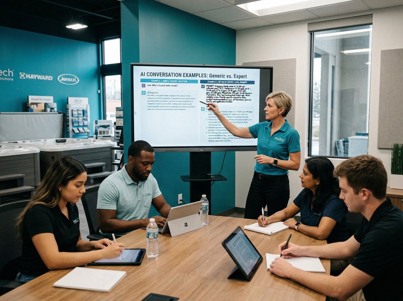 A presenter points to an “AI CONVERSATION EXAMPLES: Generic vs. Expert” slide while four people take notes around a conference table in a teal-walled showroom.