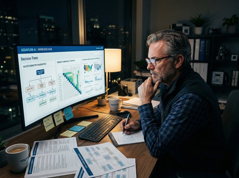 Man reviewing a decision-tree water chemistry dashboard on a computer while taking notes at a desk.