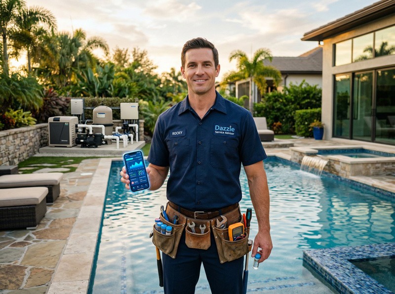 Pool service technician holding a smartphone beside a residential swimming pool.