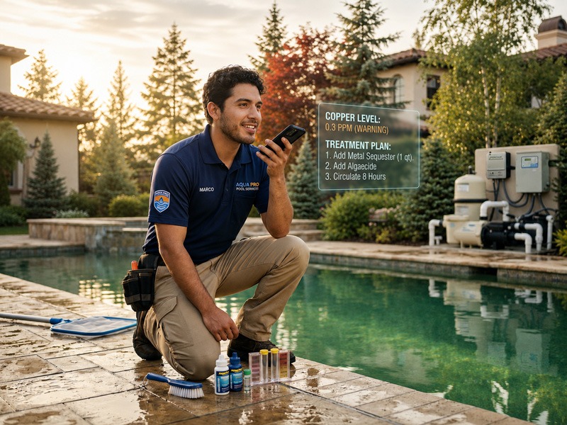 Pool technician checks a smartphone beside a greenish residential pool, with testing supplies and treatment instructions visible.