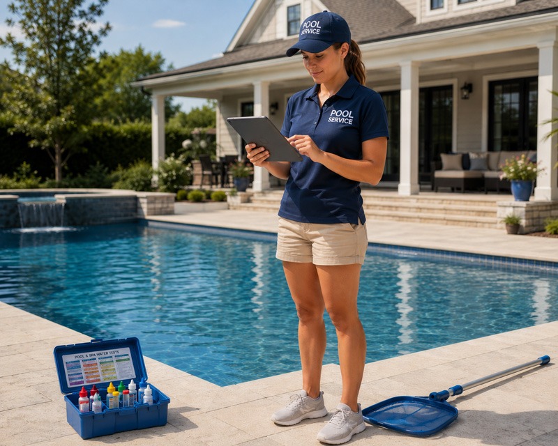 Pool service worker using a tablet beside a residential swimming pool, with water-testing supplies and a skimmer on the deck.